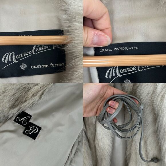 Vintage Grey Silver Fox Genuine Fur Coat Belted with Leather Trim - Picture 8 of 8